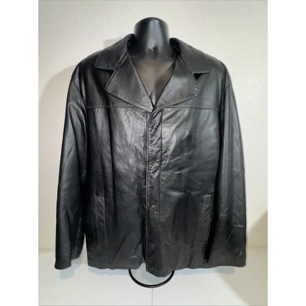 Guess Men's Black Leather Bomber Jacket Size Large Vintage Soft Coat Insulated
